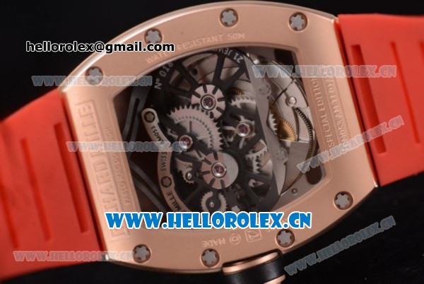 Richard Mille RM053 Miyota 9015 Automatic Rose Gold Case with Skeleton Dial and Red Rubber Strap - Click Image to Close